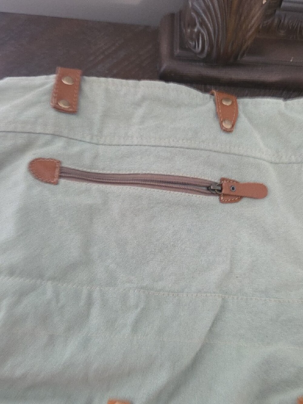 Myra Bag Sage Green Canvas Tote with Brown Leather Straps - Picture 8 of 15